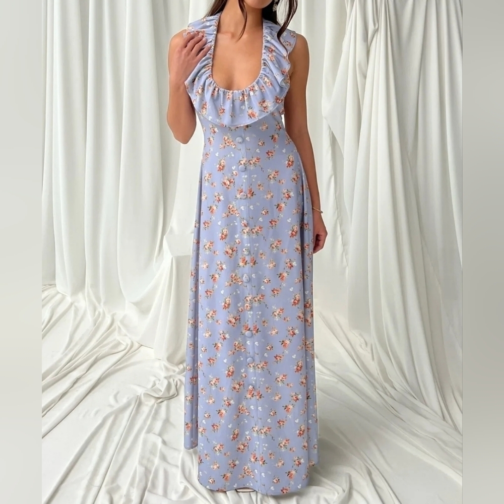 WeWoreWhat Ruffle Halter Midi Dress, Icelandic Blue Vintage Roses, Size XS
